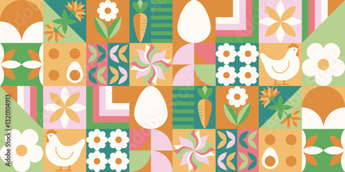 Wiosenny geometryczny wzór z kurczaczkiem, jajkami i kwiatami. Wielkanocna mozaika z świątecznymi symbolami.