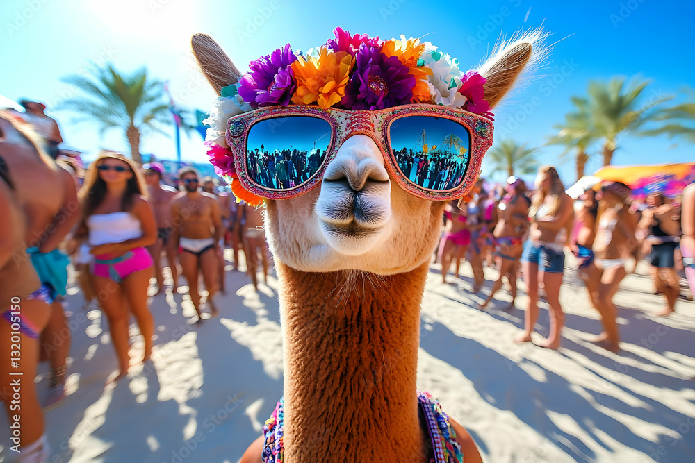 Fototapeta premium A Llama wearing flower crown and sunglasses, reflects a beach festival in its lenses, amidst a blurry crowd of summer party-goers.