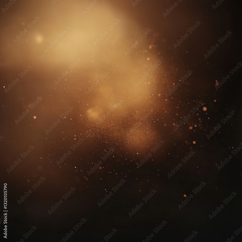 Naklejka premium Golden dust particles floating, dark background, bokeh effect, abstract design