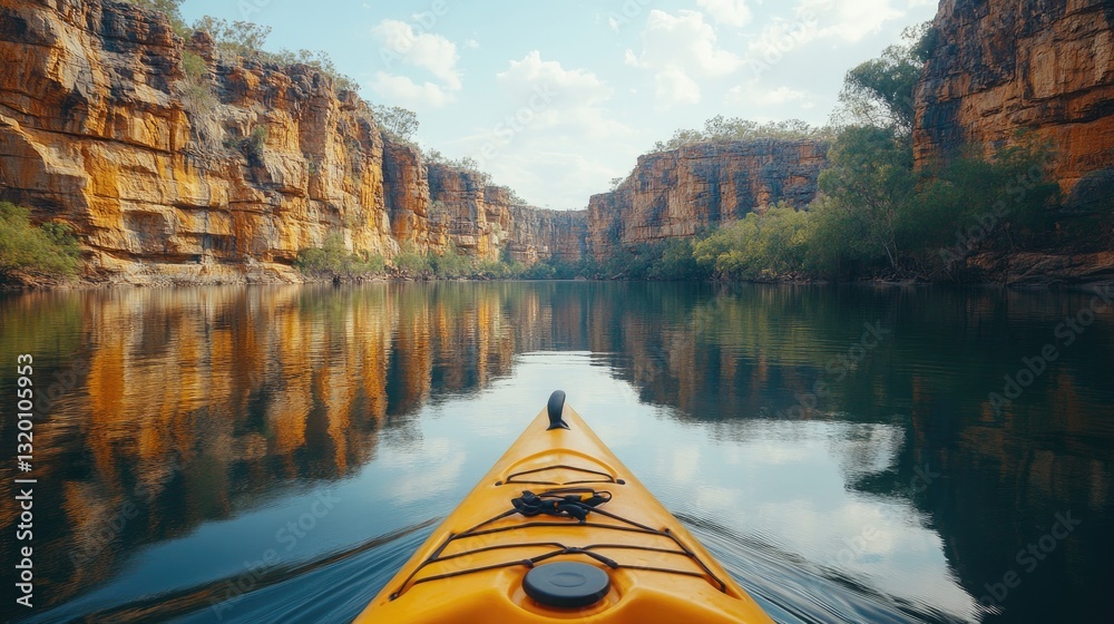 Fototapeta premium A yellow kayak navigates through a canyons scenic waterway
