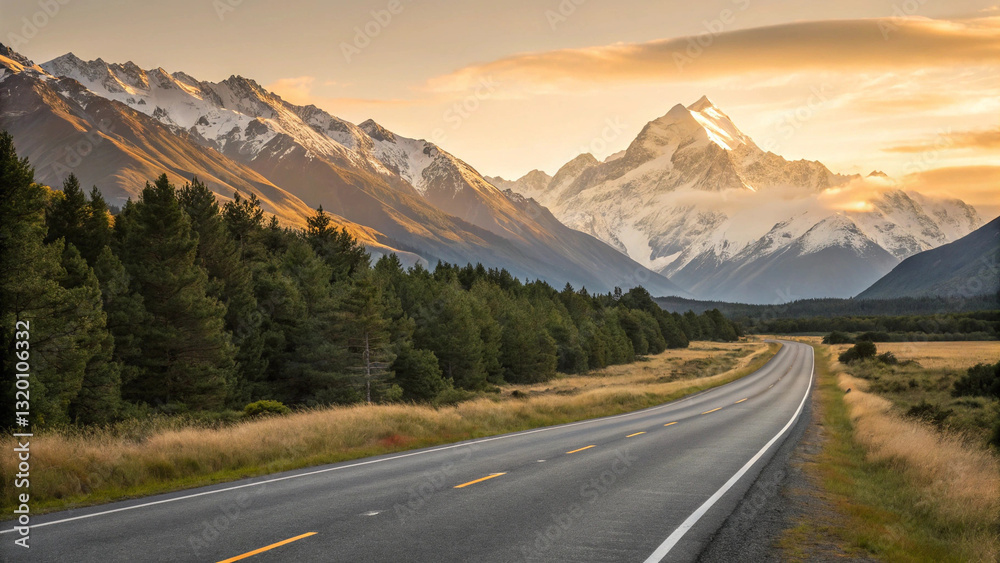Naklejka premium A Scenic Road Journey Through A Majestic Mountain Range At Sunset, Bathed In Warm Golden Light And Showcasing A Breathtaking Vista