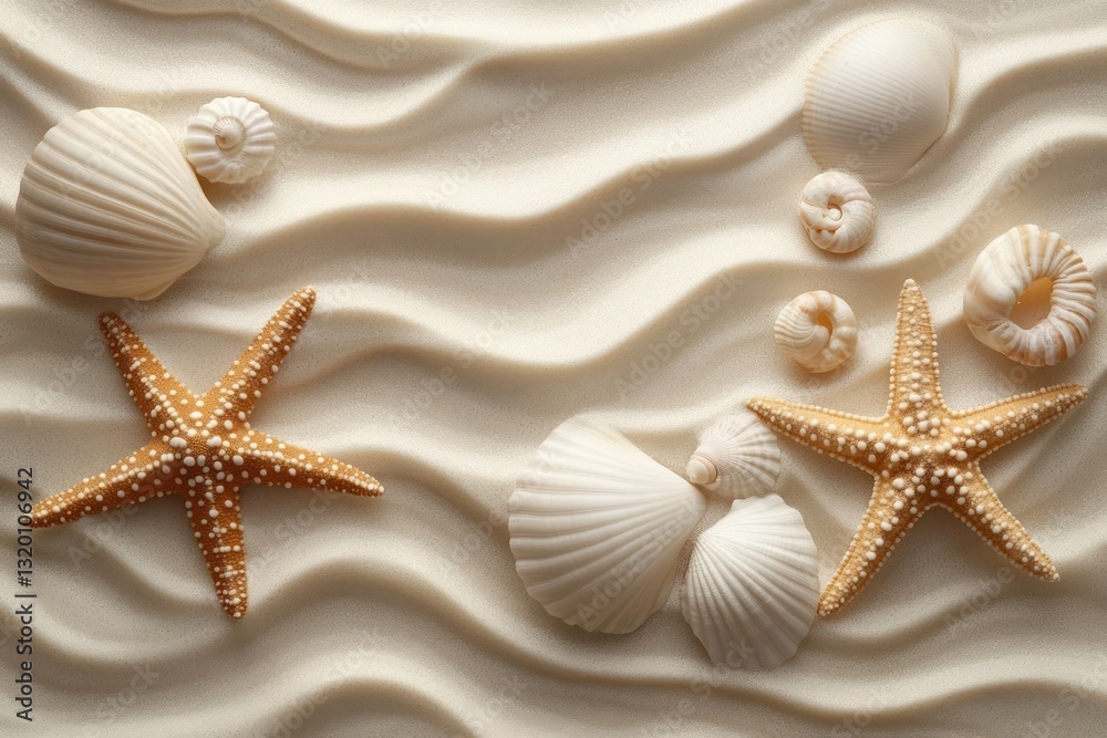 starfish and seashells on rippled sand beach summer still life composition starfish and seashells on rippled sand beach summer still life composition
