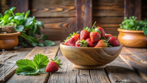 A Rustic Wooden Bowl Overflowing with Freshly Harvested Strawberries, Accompanied by Vibrant Green Foliage on a Weathered Wooden Table