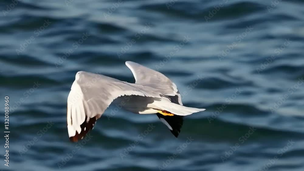 Seagull soaring over the ocean with its wings fully extended, gliding gracefully above the blue water.