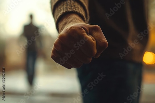 Clenched Fist Symbolizing Domestic Violence and Emotional Turmoil with Woman in Background
