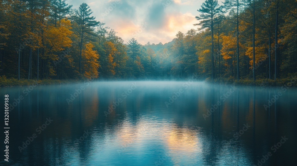 Obraz premium A serene landscape featuring mist over reflective lake waters