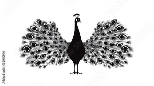 A realistic silhouette vector of a peacock, showcasing its majestic feathers and graceful posture. This elegant design highlights the beauty and grandeur of the peacock, making it ideal for wildlife, 