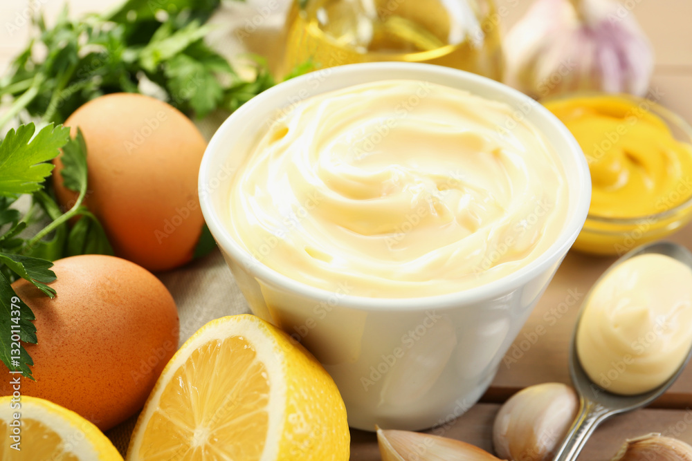 Delicious mayonnaise sauce in bowl and ingredients on table, closeup Delicious mayonnaise sauce in bowl and ingredients on table, closeup