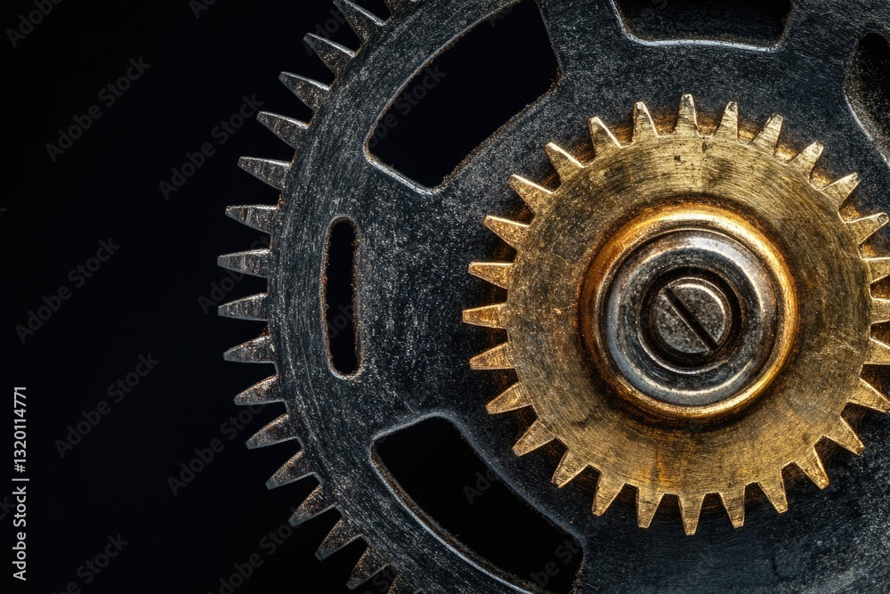 A detailed view of two gears set against a black backdrop. A detailed view of two gears set against a black backdrop.