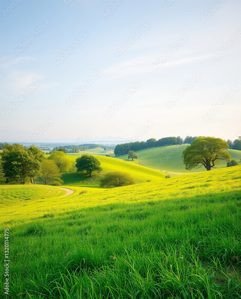 Fototapeta premium Serene Green Landscape Under a Clear Sky with Rolling Hills and Lush Vegetation