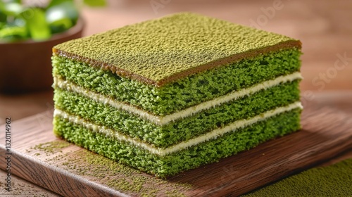Green layered cake with white cream on wooden board, dusted with matcha powder