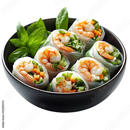 A Bowl of Vietnamese Spring Rolls Rice Paper Rolls with Shrimp and Vegetables Isolated on Transparent Background