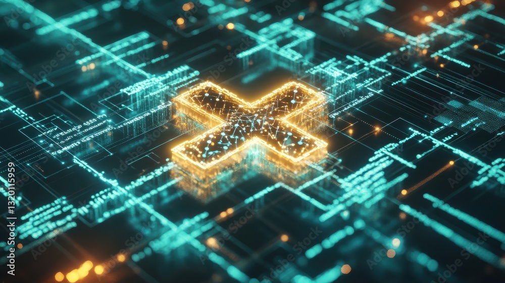 Obraz premium Glowing Digital Cross Symbol Amidst Abstract Technology Circuit Background With Neon Lights and Data Streams