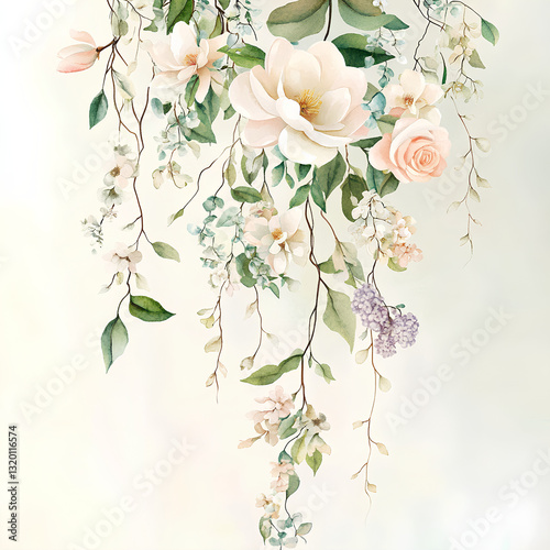 Watercolor hanging magnolia garland with pastel roses, lilacs, and gold accents  

