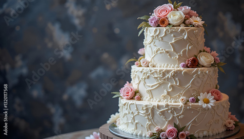 Elegant birthday cake with pearl accents and fresh flowers, resting on a white table view