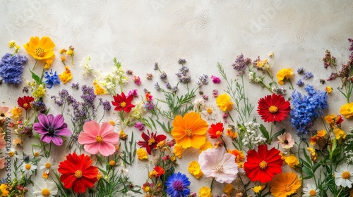 A vibrant display of various colorful flowers arranged beautifully together