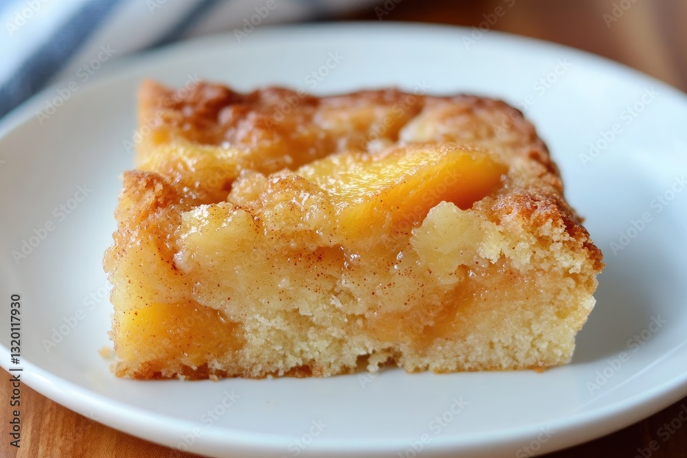 A delicious slice of peach cobbler served on a white plate A delicious slice of peach cobbler served on a white plate