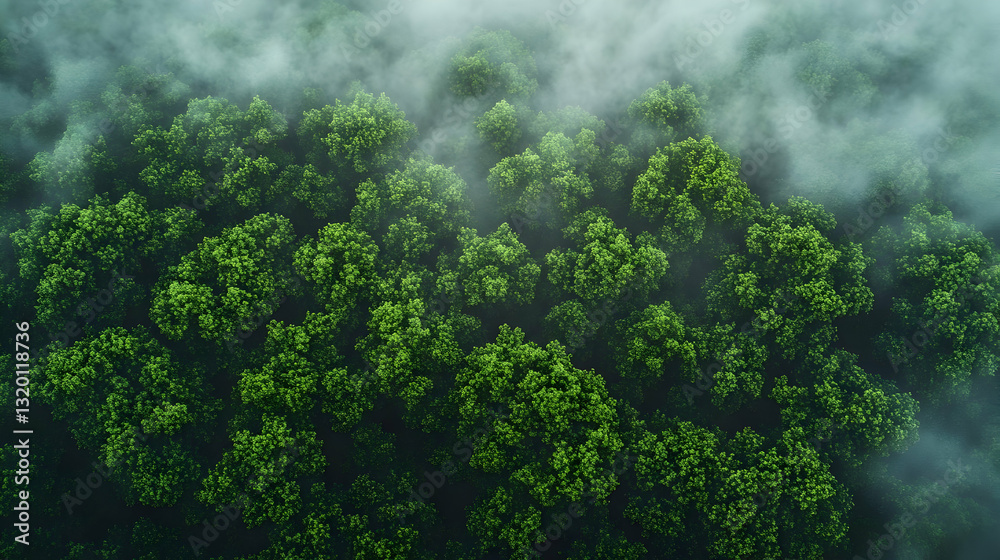 Obraz premium Dense Green Forest Covered In Misty Atmosphere