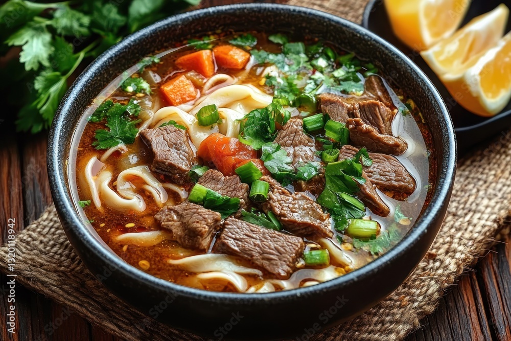 Beef Noodle Soup with Fresh Ingredients in Rustic Bowl Beef Noodle Soup with Fresh Ingredients in Rustic Bowl