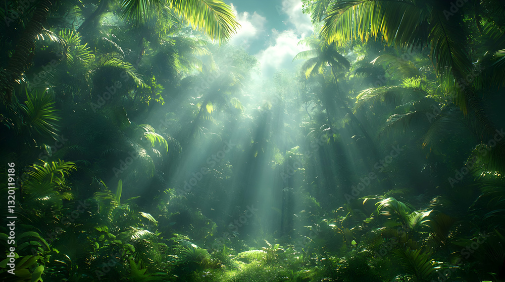 Obraz premium Sunlight Piercing Lush Tropical Forest