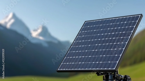 Solar panel installation in a serene mountain landscape under clear blue skies