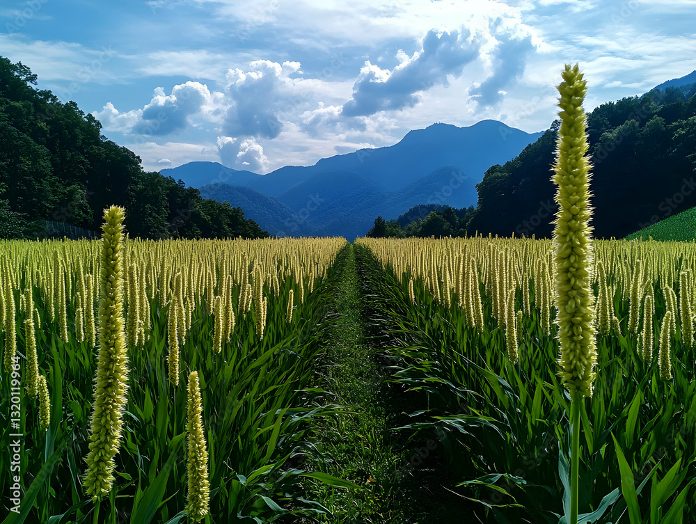 Serene Landscape: Rows of Tall Grasses Grow in Field, Mountain Background Under Blue Sky Serene Landscape: Rows of Tall Grasses Grow in Field, Mountain Background Under Blue Sky