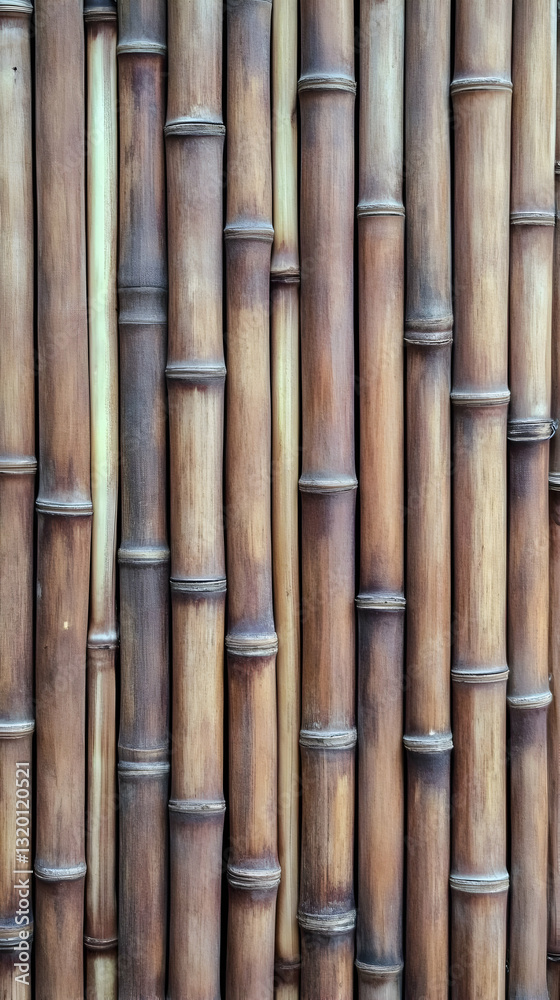 Fototapeta premium Close-up View of a Rustic Brown Bamboo Wall Texture, Showing Vertical Lines and Natural Knots in Detailed Pattern
