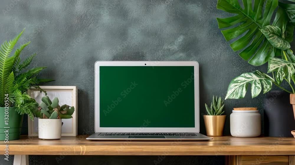Modern Laptop on Wooden Desk Surrounded by Greenery, Creating Serene Workspace Atmosphere with Indoor Plants and Technology for Fresh Home Office Environment Modern Laptop on Wooden Desk Surrounded by Greenery, Creating Serene Workspace Atmosphere with Indoor Plants and Technology for Fresh Home Office Environment
