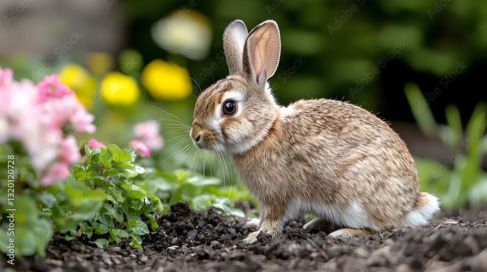 A playful rabbit hopping around a colorful garden, Generative AI A playful rabbit hopping around a colorful garden, Generative AI