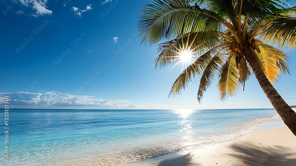 Obraz premium Serene Tropical Beach Scene with Palm Tree and Ocean