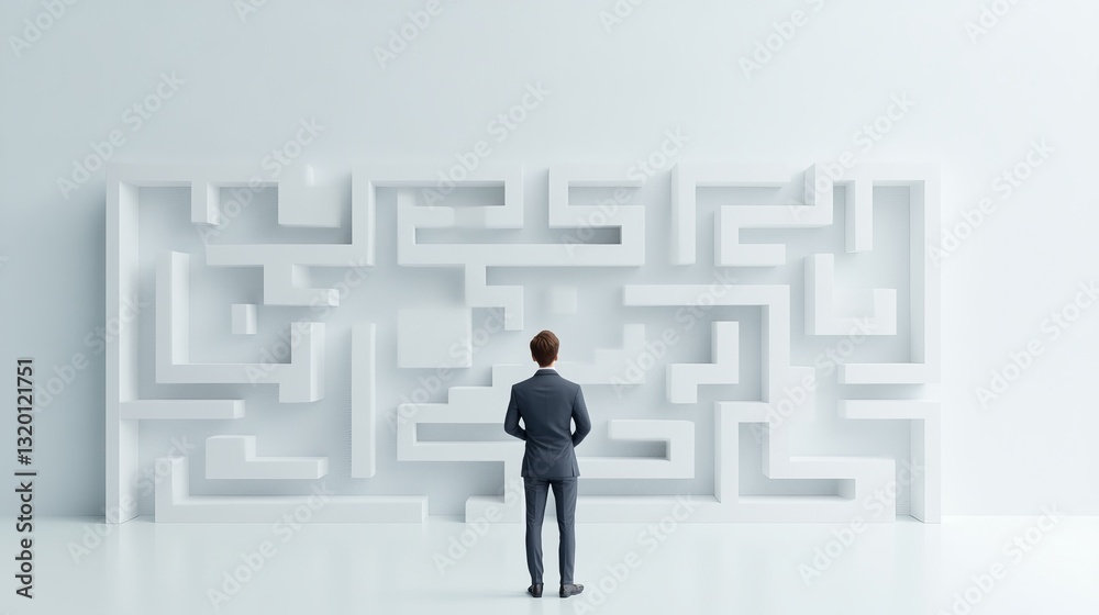 Person in Suit Facing Abstract White Maze Against Minimalist Background Person in Suit Facing Abstract White Maze Against Minimalist Background