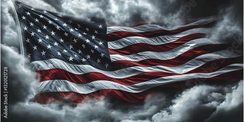 Fototapeta Naklejka Na Ścianę i Meble -  American Flag billows dramatically amidst dark, stormy clouds, a powerful 3D digital illustration of patriotism.
