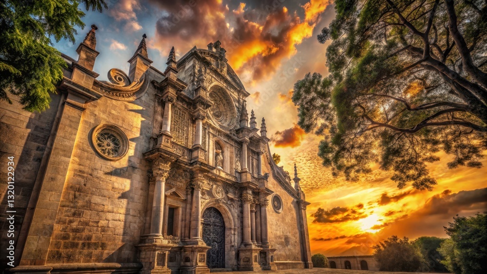 Fototapeta premium Ancient Stone Church at Sunset Majestic Facade, Golden Hour Illumination, Architectural Detail, Serene Landscape