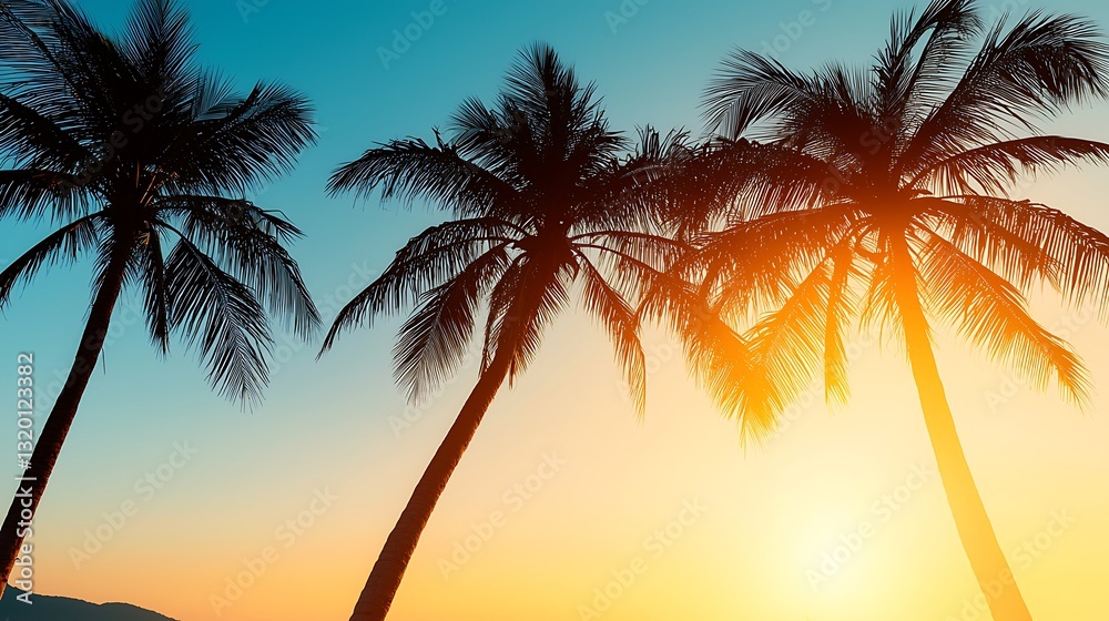Fototapeta premium Silhouette Palm Trees Sunset Tropical Vacation Image