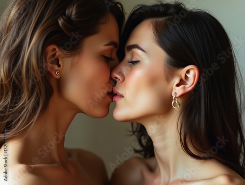 Two young women kissing tenderly: portrait of a lesbian couple sharing an intimate moment