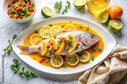 Wallpaper Mural Aromatic citrus-marinated fish dish, garnished with pomegranate seeds and fresh herbs, served on an elegant platter, alongside a vibrant side salad Torontodigital.ca