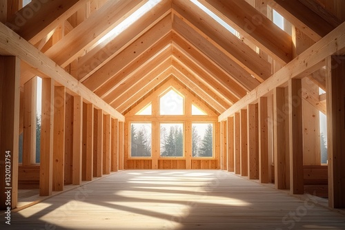 Construction of Nordic Minimalist Wooden House with Trusses and Beams Under Warm Morning Sunlight