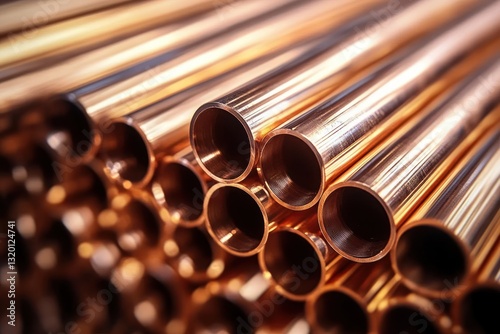 Hyper-Realistic Close-Up of Polished Copper Pipes in Industrial Warehouse Storage