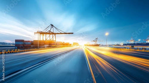 Industrial Port at Sunset with Cargo Containers and Cranes