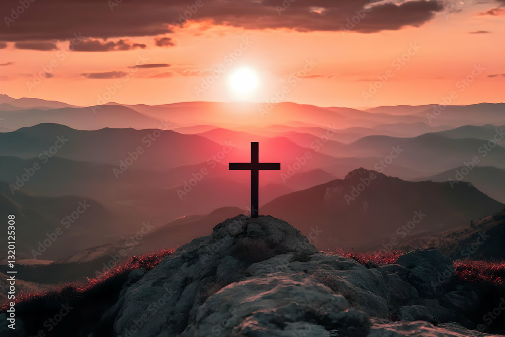 Silhouette of a Cross Stands on Rocky Peak at Sunset, Overlooking Layers of Mountains in Dramatic, Vivid Hues Silhouette of a Cross Stands on Rocky Peak at Sunset, Overlooking Layers of Mountains in Dramatic, Vivid Hues