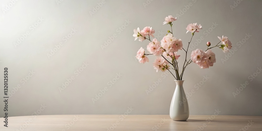 Delicate Pink Blossoms in a Simple White Vase on a Light Wooden Table Against a Neutral Wall Delicate Pink Blossoms in a Simple White Vase on a Light Wooden Table Against a Neutral Wall