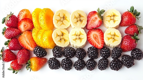 Colorful Arrangement of Fresh Fruits Including Strawberries, Bananas, and Blackberries