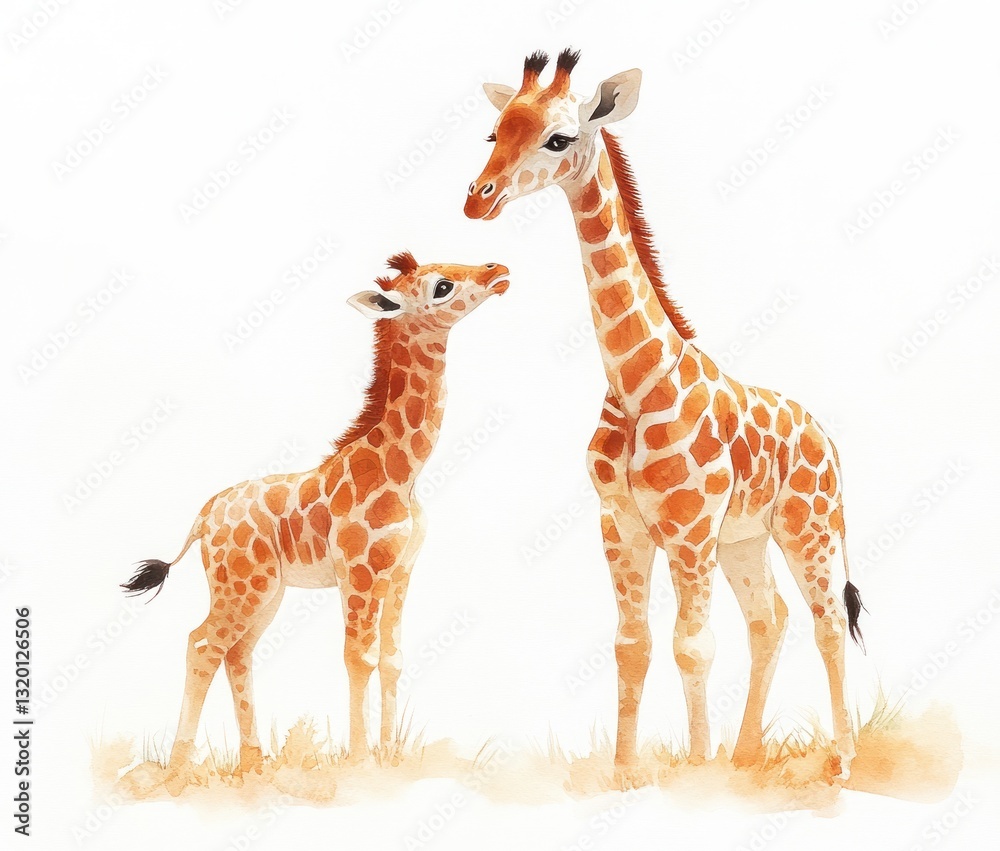 Fototapeta premium Giraffes Mother and Baby Watercolor Illustration Soft Pastel Wildlife Art