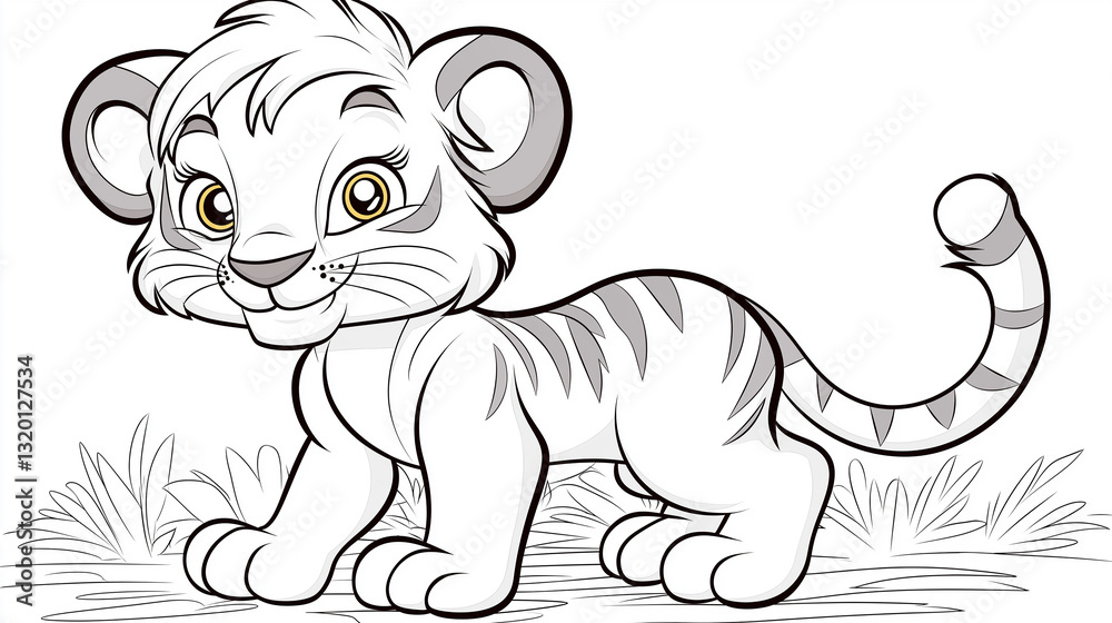 Fototapeta premium Adorable white tiger cub exploring the savannah grass