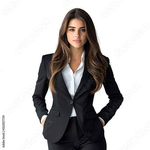 Professional businesswoman in suit office environment portrait photo confident attitude modern style
