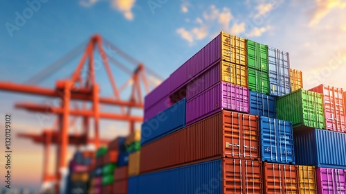 Stacked shipping containers stand ready for global transport logistics