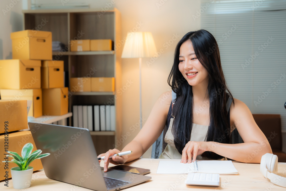 Young asian woman entrepreneur using laptop and taking notes while working in her home office or warehouse, surrounded by cardboard boxes, managing online sales and e-commerce business Young asian woman entrepreneur using laptop and taking notes while working in her home office or warehouse, surrounded by cardboard boxes, managing online sales and e-commerce business