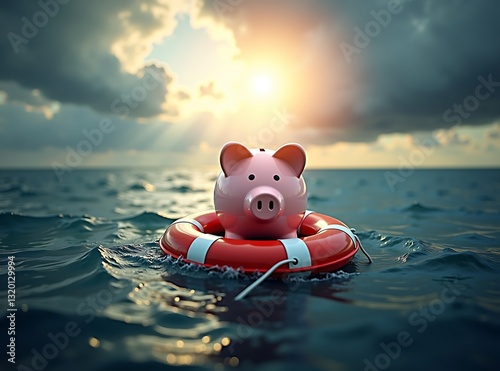 piggy bank as life raft in stormy sea for savings in tough times