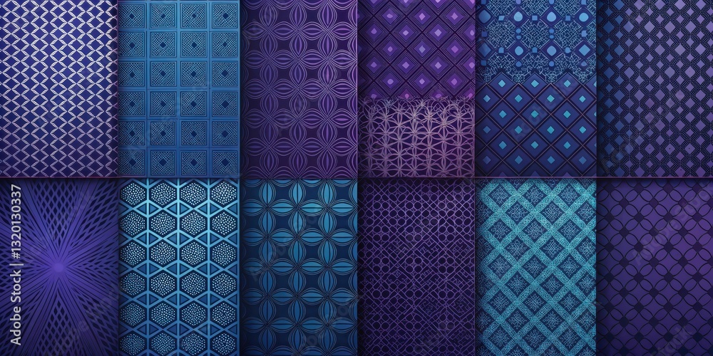 Collection of sixteen unique geometric patterns in shades of deep blue and purple Collection of sixteen unique geometric patterns in shades of deep blue and purple
