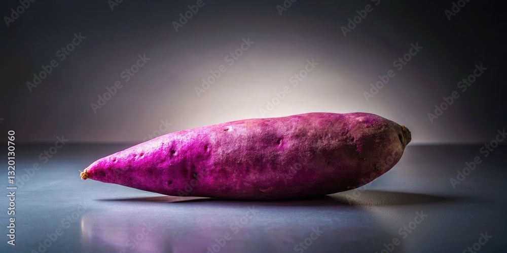 A Vibrant Purple Sweet Potato Rests on a Smooth, Reflective Surface, Bathed in Soft, Dramatic Light A Vibrant Purple Sweet Potato Rests on a Smooth, Reflective Surface, Bathed in Soft, Dramatic Light
